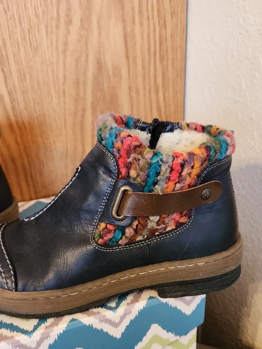 Rieker Navy Leather Ankle Boots with Multicolor Knit Cuff